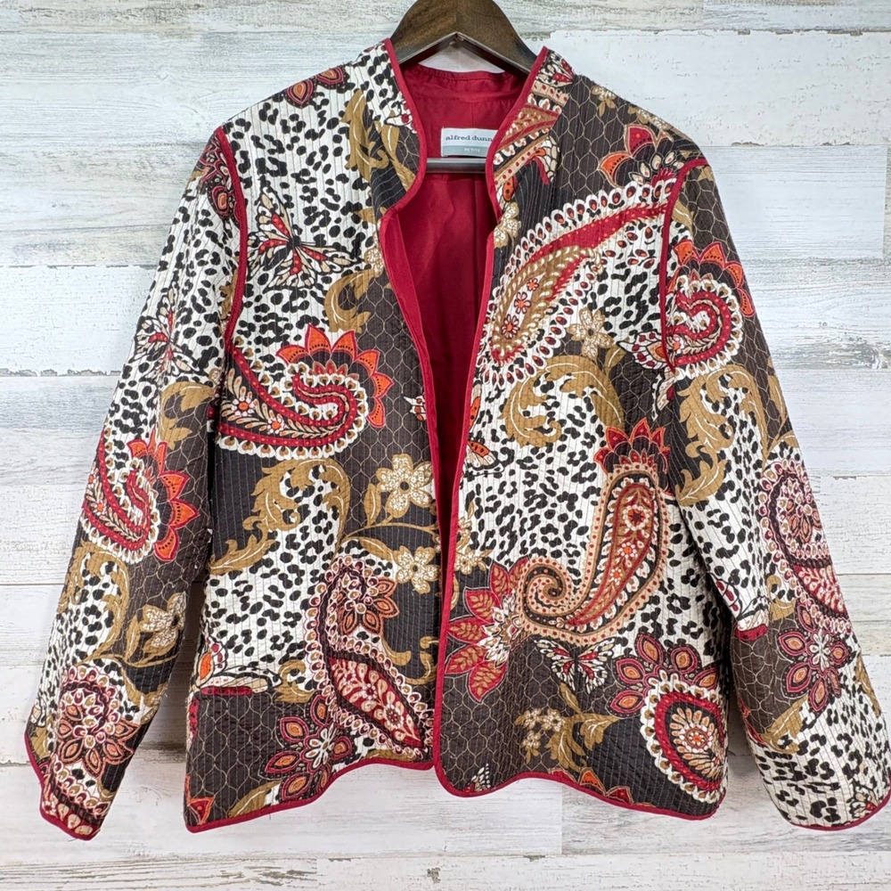 Alfred Dunner 16P Quilted Jacket Paisley Leopard Print Open Front‎ Burgundy